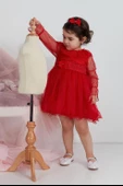 Minimony Uzun Kol Tül Yakalı Kız Bebek Çocuk Bayramlık Abiye Gelinlik Elbisesi 1003 - 2