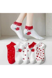 4 Çift Sevimli Çok Renkli Kalp, Çilek Desenli Kadın Patik beyaz Çorap thumbnail 1