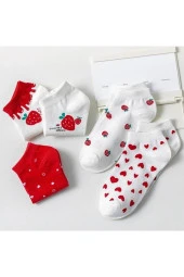 4 Çift Sevimli Çok Renkli Kalp, Çilek Desenli Kadın Patik beyaz Çorap thumbnail 5