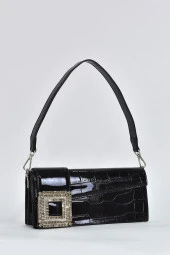 Elatae Kadın Omuz Askılı Kroko Desen Rugan Abiye Çanta Siyah 17342 - 2