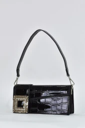 Elatae Kadın Omuz Askılı Kroko Desen Rugan Abiye Çanta Siyah 17342 - 3