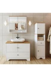 ROOMART Oval Lavabolu Mat Beyaz Mdf 100 Cm Çekmeceli Banyo Dolabı + Aynalı Üst Dolabı + Boy Dolabı thumbnail 1