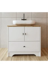 ROOMART Oval Lavabolu Ayaklı 2 Kapaklı Çekmeceli Mat Beyaz Mdf 80 Cm Banyo Dolabı - 1