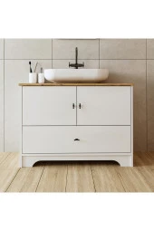 ROOMART Oval Lavabolu Ayaklı 2 Kapaklı Çekmeceli Mat Beyaz Mdf 100 Cm Banyo Dolabı thumbnail 1