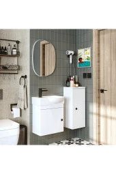 ROOMART Punto Ayaksız Tek Kapaklı Sol Lavabolu 46 Cm Banyo Alt Dolabı + Üst Ayna + Boy Dolabı thumbnail 5
