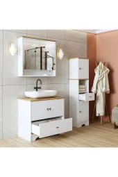 ROOMART Lavabolu Mat Beyaz Mdf 80 Cm Çekmeceli Banyo Dolabı + Aynalı Üst Dolabı + Boy Dolabı - 6
