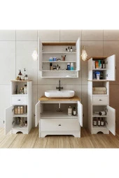 ROOMART Oval Lavabolu Mat Beyaz Mdf 80 Cm Çekmeceli Banyo Dolabı + Aynalı Üst Dolabı + 2 adet Boy Dolabı thumbnail 3