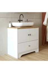 ROOMART Oval Lavabolu Ayaklı 2 Kapaklı Çekmeceli Mat Beyaz Mdf 80 Cm Banyo Dolabı - 5