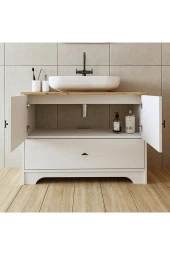 ROOMART Oval Lavabolu Ayaklı 2 Kapaklı Çekmeceli Mat Beyaz Mdf 100 Cm Banyo Dolabı thumbnail 5