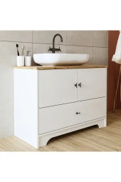 ROOMART Oval Lavabolu Ayaklı 2 Kapaklı Çekmeceli Mat Beyaz Mdf 100 Cm Banyo Dolabı thumbnail 6