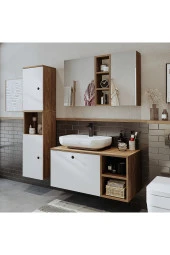 ROOMART "Lavabolu" Mdf 95 cm Çekmeceli Lotus Oval Lavabolu Banyo Dolabı + Aynalı Üst Dolabı + Boy Dolabı - 5
