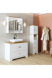 ROOMART Oval Lavabolu Mat Beyaz Mdf 100 Cm Çekmeceli Banyo Dolabı + Aynalı Üst Dolabı + Boy Dolabı thumbnail 6