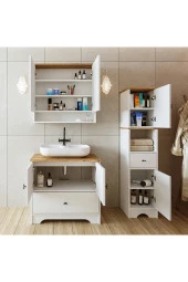 ROOMART Lavabolu Mat Beyaz Mdf 80 Cm Çekmeceli Banyo Dolabı + Aynalı Üst Dolabı + Boy Dolabı - 4