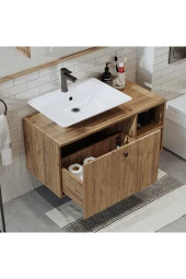 ROOMART Lavabolu Mdf 95 Cm Lotus Çekmeceli Banyo Dolabı + Aynalı Üst Dolabı + Banyo Boy Dolabı thumbnail 4