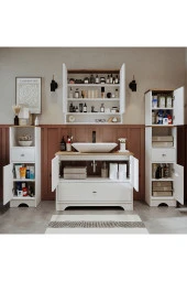 ROOMART Lavabolu Mat Beyaz Mdf 100 Cm Çekmeceli Banyo Dolabı + Aynalı Üst Dolabı + 2 adet Boy Dolabı - 3