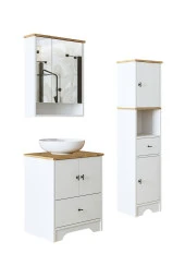 ROOMART Lavabolu Mat Beyaz Mdf 60 Cm Çekmeceli Banyo Dolabı + Aynalı Banyo Üst Dolabı + Boy Dolabı - 7