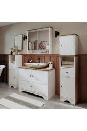 ROOMART Lavabolu Mat Beyaz Mdf 100 Cm Çekmeceli Banyo Dolabı + Aynalı Üst Dolabı + 2 adet Boy Dolabı - 4