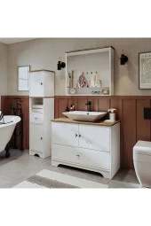 ROOMART Lavabolu Mat Beyaz Mdf 100 Cm Çekmeceli Banyo Dolabı + Aynalı Üst Dolabı + Boy Dolabı thumbnail 4