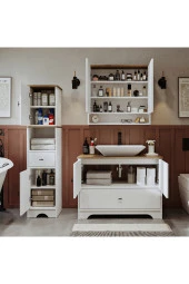 ROOMART Lavabolu Mat Beyaz Mdf 100 Cm Çekmeceli Banyo Dolabı + Aynalı Üst Dolabı + Boy Dolabı thumbnail 3