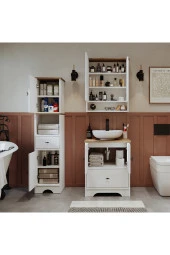 ROOMART Lavabolu Mat Beyaz Mdf 60 Cm Çekmeceli Banyo Dolabı + Aynalı Banyo Üst Dolabı + Boy Dolabı - 3