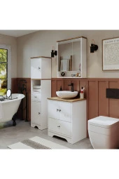 ROOMART Lavabolu Mat Beyaz Mdf 60 Cm Çekmeceli Banyo Dolabı + Aynalı Banyo Üst Dolabı + Boy Dolabı - 5