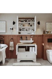 ROOMART Lavabolu Mat Beyaz Mdf 80 Cm Çekmeceli Banyo Dolabı + Aynalı Üst Dolabı thumbnail 3