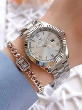 Ferro Gümüş Renk Takvimli Renk Kararmaz Renk Atmaz 3 Atm  Özel Tasarım Kadın Kol Saati EFL21127A thumbnail 1