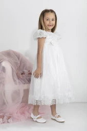 Minimony 5-9 Yaş Karpuz Kol Kız Çocuk Elbise Bayramlık Mezuniyet Balo Abiye Gelinlik 5001 - 4