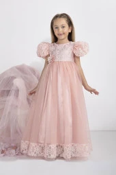 Minimony 5-9 Yaş Karpuz Kol Kız Çocuk Elbise Bayramlık Mezuniyet Balo Abiye Gelinlik 5001 - 6