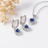 Gümüş Pazarım Safir Taşlı Kalpli Tek Taş Gümüş Set - 1