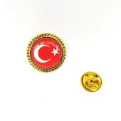 Yuvarlak Gold Renkli Türk Bayraklı Yaka Rozeti  - 1 Adet - 1