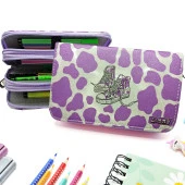 Simli Işıltılı inek Kalem Kutusu Vegan Deri Kalemkutu Üç Bölmeli Kalemlik - Mor thumbnail 1