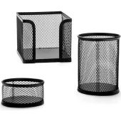 Metal Perfore Örgü Masaüstü 3'lü Tel Kalemlik Seti  - Kalemlik , Küp notluk , Ataşlık - Siyah thumbnail 1