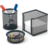 Metal Perfore Örgü Masaüstü 3'lü Tel Kalemlik Seti  - Kalemlik , Küp notluk , Ataşlık - Siyah thumbnail 2