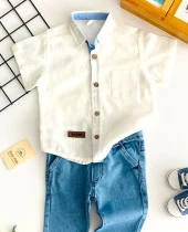 Neşeli Bebekler Kısa Kolu Gömlek Uzun Kot Pantolon Takım Mavi - 2