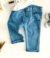 Neşeli Bebekler Kısa Kolu Gömlek Uzun Kot Pantolon Takım Mavi - 5