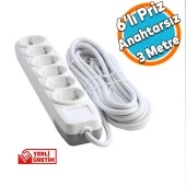 Grup Priz 6'lı Altı Gözlü Anahtarsız Topraklı 3 Metre Seyyar Ara Kablolu Uzatma Kablolusu Altılı Piriz Kablo - 1