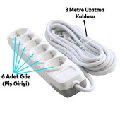 Grup Priz 6'lı Altı Gözlü Anahtarsız Topraklı 3 Metre Seyyar Ara Kablolu Uzatma Kablolusu Altılı Piriz Kablo - 2