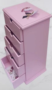 Hobi 90381 Şifonyer Takı Makyaj Kutusu 5Çekmece Parlak Pembe Lake Boya ElYapı - 1