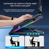 TechTic 8 Fanlı 18-11İnç RGB Işıklı Notebook Laptop Soğutucu Fan Sessiz LCD Pro Stand Çift USB 1 Type-c Giriş - 6
