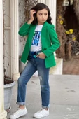 Kız Çocuk Üzeri Harf Pulpayet Tişört ve Jean Yeşil Blazer Ceket Alt Üst Takım - 8