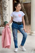 Kız Çocuk Kalp ve Little Baskılı Tişört ve Jean Pudra Blazer Ceket Alt Üst Takım - 9
