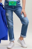 Kız Çocuk Üzeri Harf Pulpayet Tişört ve Jean Saks Mavisi Blazer Ceket Alt Üst Takım - 9