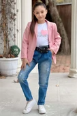 Kız Çocuk Kalp ve Little Baskılı Tişört ve Jean Pudra Blazer Ceket Alt Üst Takım - 5