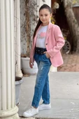 Kız Çocuk Kalp ve Little Baskılı Tişört ve Jean Pudra Blazer Ceket Alt Üst Takım - 6