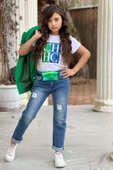 Kız Çocuk Üzeri Harf Pulpayet Tişört ve Jean Yeşil Blazer Ceket Alt Üst Takım - 9