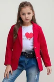 Kız Çocuk Kalp ve Little Baskılı Tişört ve Jean Kırmızı Blazer Ceket Alt Üst Takım - 3