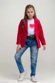 Kız Çocuk Kalp ve Little Baskılı Tişört ve Jean Kırmızı Blazer Ceket Alt Üst Takım - 1