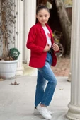Kız Çocuk Kalp ve Little Baskılı Tişört ve Jean Kırmızı Blazer Ceket Alt Üst Takım - 7