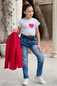 Kız Çocuk Kalp ve Little Baskılı Tişört ve Jean Kırmızı Blazer Ceket Alt Üst Takım - 10